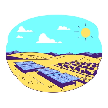 A yellow field stretches across the landscape, filled with rows of neatly arranged solar panels, each reflecting the sunlight. The sun is positioned high in the sky, casting distinct shadows of the solar panels on the ground. The panels glisten under the bright illumination, creating a contrast with the yellow field around them. Some clouds drift lazily in the blue sky, but the sunlight remains dominant, enhancing the vivid colors of the scene.