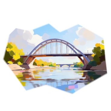 A bridge spanning a wide river, showcasing a series of elegant arches and beams. The structure is intricately designed, with its supports and outlines appearing as if they are formed by complex mathematical equations. The water below flows gently, reflecting the bridge's unique design. Lush greenery lines the riverbanks, providing a natural contrast to the geometric precision of the bridge. The sky above is clear, adding a bright backdrop to this architectural marvel.