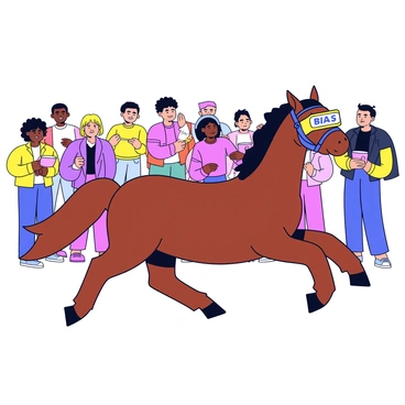 A horse with a shiny coat is trotting confidently through a diverse crowd of people. The horse is wearing blinders that are clearly labeled with the word "bias" in bold letters. The crowd consists of individuals of various ethnicities, ages, and styles, creating a vibrant tapestry of colors and clothing. The scene captures the movement of the horse and the lively interaction of the crowd.