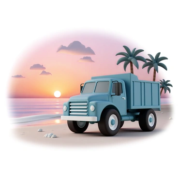 A large blue truck parked on the sandy shore of a beach. The truck is shiny and consists of large wheels and a sturdy build. In the background, the vibrant sunset casts a blend of orange, pink, and purple hues across the sky. The sun is low on the horizon, creating a warm glow that reflects off the surface of the water. Gentle waves lap at the shore, and a few scattered seashells are visible in the sand near the truck. Palm trees line the edge of the beach, silhouetted against the colorful sky.