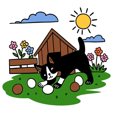 A blaireau, which has a sleek body and distinctive black and white facial markings, is actively gathering eggs on a sunny farm. The scene features a variety of farm elements, including a wooden coop in the background and patches of green grass. The sun is shining brightly, creating a warm atmosphere. The blaireau is carefully using its paws to pick up several eggs, which are white and brown, scattered on the ground. In the background, there are colorful flowers blooming and a blue sky dotted with a few fluffy clouds.
