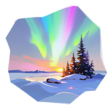 A breathtaking scene of the "aurora borealis" illuminating the night sky above a vast, snowy landscape. The sky is filled with vibrant shades of green, purple, and blue, swirling in dynamic patterns. In the foreground, there are gently rolling snow-covered hills, glistening under the ethereal light. A cluster of dark pine trees stands silhouetted against the colorful sky, adding depth to the composition. The snow on the ground reflects the lights of the aurora, creating a magical atmosphere.