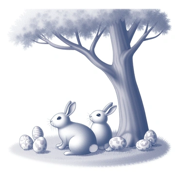 A family of rabbits is gathered under a large tree with a thick trunk and sprawling branches. The rabbits exhibit various sizes and poses, with some sitting upright while others are resting. They have fluffy bodies and long ears that are perked up. Scattered around them are several painted Easter eggs, each displaying unique patterns and designs. The grass beneath them is lush and textured, providing a natural ground covering, while the sunlight filters through the leaves above, casting gentle shadows on the scene.