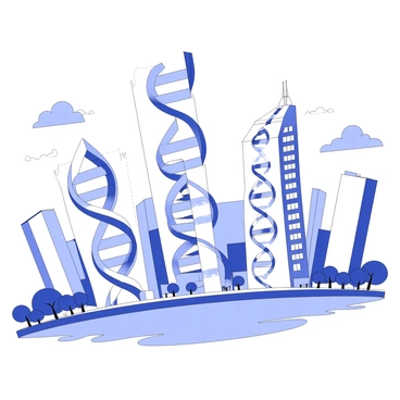 A city skyline features buildings that are designed to resemble DNA structures. Each skyscraper has a twisted shape with a double helix design, showcasing strands that spiral upwards. The facades of the buildings contain intricate patterns mimicking the base pairs of DNA, with windows strategically placed to enhance the helix effect. In the foreground, a river reflects the unique architectural forms, while trees line the riverbanks, adding to the urban landscape. The sky is filled with scattered clouds, providing a serene backdrop to the striking skyline.