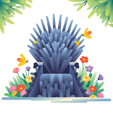 A large, intricately designed Iron Throne made of dark metal sits prominently in the center of a lush garden. The throne is surrounded by an abundance of blooming flowers in various colors, including vibrant reds, yellows, and purples. Brightly colored butterflies flutter around the flowers, displaying their delicate wings. The garden features greenery with tall grasses and leafy plants framing the scene, creating a vivid and lively atmosphere. Sunlight filters through the leaves, casting dappled shadows on the ground around the throne.