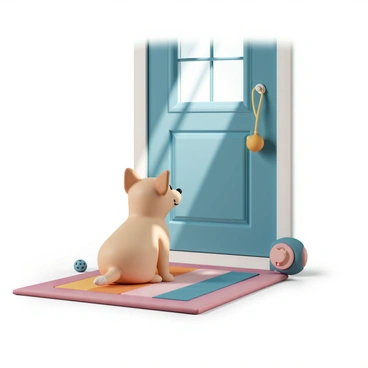 A small, fluffy dog with light brown fur and big, expressive eyes is sitting on a colorful rug by the front door. The dog's ears are perked up, and its tail is wagging in anticipation. The front door is painted a bright blue, with a small window allowing light to filter in. A few dog toys are scattered on the floor nearby, and the dog's leash is hanging on a hook by the door. Sunlight streams in, creating a warm atmosphere as the dog looks expectantly toward the door.