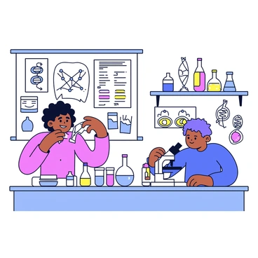 A laboratory scene with students engaged in scientific activities. One student is carefully extracting DNA from a sample, using a pipette to transfer liquid into a test tube. Another student is sitting at a lab table, looking through a microscope, observing the details of alleles on a prepared slide. There are various lab equipment pieces scattered around, including beakers, petri dishes, and a DNA model displayed prominently on the counter. The walls of the laboratory are lined with educational posters related to genetics and molecular biology.