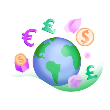 A modern pastel illustration featuring a detailed globe positioned at the center. Surrounding the globe are various symbols of different currencies, including the dollar sign, euro symbol, yen symbol, and pound symbol. Each currency symbol is depicted in distinct colors, creating a vibrant contrast against the globe. The globe itself displays continents with soft, pastel colors, emphasizing the theme of interconnectedness in the global economy. The overall arrangement of the currencies and the globe conveys a sense of unity and interaction among nations.