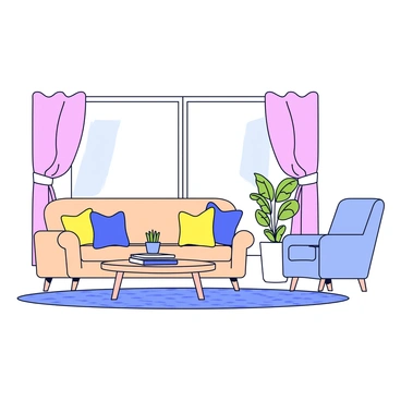 A living room featuring walls painted in soft pastel colors, creating a warm ambiance. In the center, there is a large, plush sofa in a light beige color with several cozy throw pillows in various shades of blue and yellow. A round coffee table made of light wood sits in front of the sofa, topped with a small potted plant and a few stacked books. In the corner, a comfortable armchair in a matching light blue color complements the sofa, with a soft blanket draped over one arm. A rug with a simple pattern covers the floor, creating a cozy atmosphere. Bright natural light filters in through sheer curtains, enhancing the comforting feel of the space.