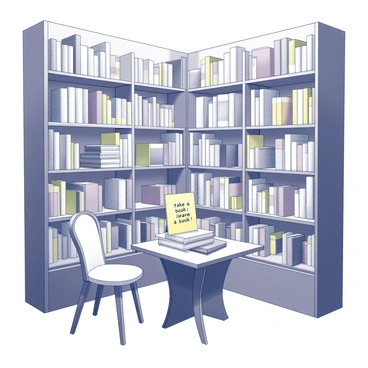 A cozy corner inside a bookstore dedicated to a community book exchange. Wooden shelves are filled with a variety of books, some stacked neatly and others casually placed. A small table sits in the center, adorned with a decorative sign that reads "take a book, leave a book." The space is illuminated by soft lighting, creating an inviting atmosphere. Nearby, a comfortable chair invites visitors to sit and browse through the collection. The walls are lined with bookshelves, filled with colorful spines of various sizes and genres.