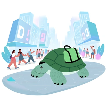 A turtle wearing a tiny backpack amidst a bustling cityscape