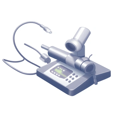 A close-up view of advanced endoscopy equipment. The image focuses on the intricate details of the device, highlighting various components such as the thin, flexible tube and the camera lens at the end. The control panel is visible, displaying buttons and dials that indicate different settings and capabilities. A light source is mounted on the device, illuminating the area. The background features a glossy surface that reflects the equipment, enhancing the overall composition.