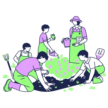 A garden scene features several children planting seeds in neat rows. Each child is focused on their task, with one child kneeling in the dirt, holding a small trowel, while another is placing seeds in a shallow trench. A third child is standing, looking at a packet of seeds for guidance. In the background, a gardener is supervising the activity, wearing a sunhat and holding a watering can. The garden is lush, with small plants sprouting in the earth, and tools are scattered around, including a small rake and a watering can.