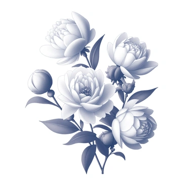 A cluster of peony blossoms in various stages of opening. The flowers display a range of petal arrangements, from tightly closed buds to fully opened blossoms. Each blossom has a rounded shape, with soft, lush petals that create a layered effect. The blossoms vary in size, some being small and compact, while others are large and expansive. The foliage surrounding the flowers consists of dark green leaves that are broad and slightly jagged at the edges, providing a contrasting backdrop to the delicate blossoms. The overall composition emphasizes the beauty and intricacy of these flowers as they transition between stages of bloom.