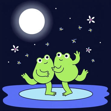 A pair of frogs with vibrant green skin is dancing together on a small lily pad. The frogs have large round eyes and webbed feet, positioned playfully. Above them, a bright full moon casts a silvery glow on the scene. Surrounding the frogs are numerous fireflies, their tiny glowing bodies flickering in the night air, illuminating the dark background. The lily pad floats gently on a calm body of water, reflecting the moonlight and the light from the fireflies.