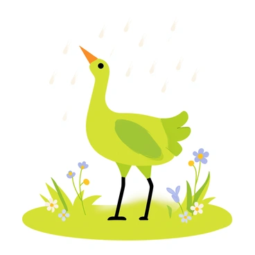 A drake with glossy green feathers is standing in a lush green field. The drake has a bright orange beak and is looking upwards, enjoying the gentle rain shower. Raindrops are visibly falling around it, creating small splashes on the ground. The field is filled with vibrant green grass and occasional wildflowers adding splashes of color. A soft mist rises from the ground, enhancing the freshness of the scene.