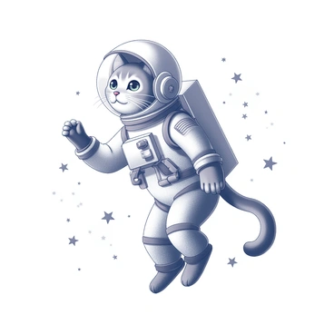 A cat wearing a detailed astronaut suit is floating in space. The suit features a clear helmet that encases the cat's head, with intricate tubes and gadgets visible on the suit. The cat's paws appear to be outstretched, as if exploring its surroundings. Surrounding the cat are numerous stars scattered across the vast expanse of space, creating a sense of depth and wonder in the scene. The suit's reflective surfaces catch the light from the stars, adding to the futuristic appearance of this feline astronaut.