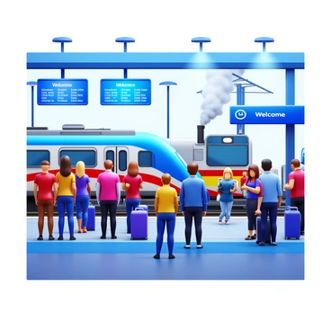 A bustling train station platform filled with commuters. People are standing with luggage, some checking their watches, while others are engaged in conversations. Bright overhead lights illuminate the scene, and digital display boards show train schedules in a modern font. A train pulls into the station, releasing steam and creating a sense of motion. The platform is lined with benches, and a few commuters are seated, looking at their phones. "Welcome" signs are visible in the background, adding to the vibrant atmosphere of the station.