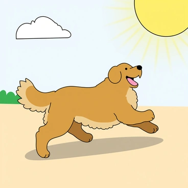 A playful dog with a fluffy coat, possibly a golden retriever, is joyfully chasing its own shadow on a bright sunny day. The dog has an excited expression on its face, with its ears perked up and tongue out in exhilaration. The ground is a light beige, casting a distinct shadow of the dog, which it is playfully pawing at. In the background, the sun is shining brightly, creating a warm glow and enhancing the playful atmosphere. The sky is clear with a few fluffy white clouds, providing a cheerful setting for the dog's antics.