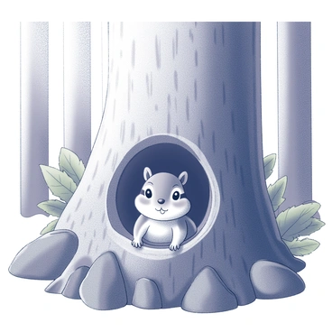 A chipmunk is peeking out from its cozy nest located inside a hollow tree trunk. The tree trunk has rough, textured bark, and the hollow is lined with soft materials such as leaves and fur. The chipmunk has distinct stripes on its back and bright eyes, which are wide open with curiosity. Sunlight filters through the surrounding leaves, illuminating the entrance to the nest, creating a warm and inviting scene. The surrounding forest is filled with tall trees, with some greenery visible in the background.