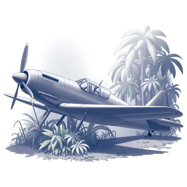 A dilapidated World War II aircraft partially camouflaged by dense jungle undergrowth. The aircraft is equipped with a propeller and exhibits signs of rust and decay, with its fuselage showing damage from years of neglect. Thick vines and large leaves envelop the wings and tail section, and small plants are growing through the gaps in the aircraft's structure. Sunlight filters through the canopy above, casting dappled shadows on the scene. The surrounding jungle is rich with foliage, featuring a variety of greens, and the ground is littered with fallen leaves and small branches.