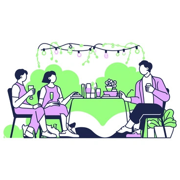 A garden party is taking place in a spacious outdoor setting. Clients are seated at round tables, enjoying refreshments served on elegant trays. There are glasses filled with beverages and plates with an assortment of snacks. The tables are adorned with green tablecloths and have small centerpieces made of fresh flowers. Above, fairy lights are strung between tree branches, creating a warm ambiance as they softly glow. People are engaged in conversation, some laughing, while others are holding their drinks and leaning back in their chairs, enjoying the relaxed atmosphere. In the background, there are lush green bushes and a few potted plants enhancing the festive vibe.