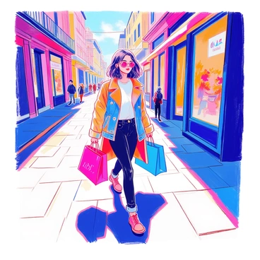 A trendy girl with shoulder-length hair is walking down a bustling city street. She is wearing a fitted denim jacket over a white t-shirt and black leggings. She carries two colorful shopping bags, one pink and one blue, in her right hand. Her left hand is tucked into her pocket. The background features tall buildings, storefronts with glass windows, and a few pedestrians in the distance. Bright sunlight casts shadows on the pavement.