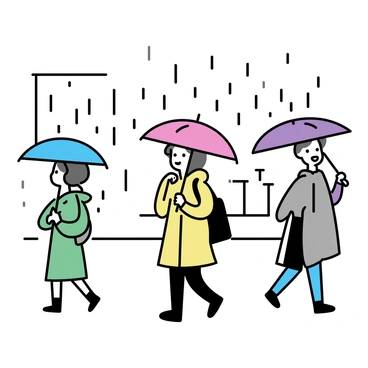 A group of people walking on a city street during a rainy day. One person is holding a bright red umbrella, wearing a yellow raincoat and black boots. Another person has a blue umbrella, dressed in a green jacket and carrying a black backpack. A third individual, with a purple umbrella, is wearing a long grey coat. Raindrops are visibly falling, creating small puddles on the pavement. The city buildings in the background are partially obscured by the rain.