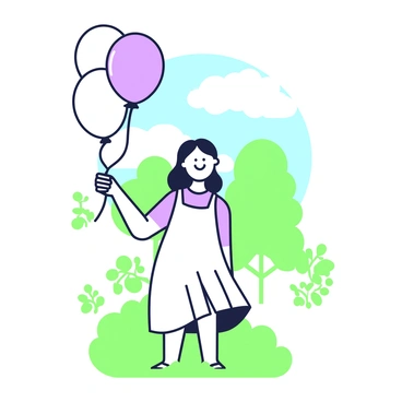 A girl with long hair is standing in a park, holding a bunch of balloons in her right hand. The balloons are tied together and float above her head, each one round and distinct. She is smiling widely, wearing a light dress that flows gently in the breeze. In the background, there are trees with green leaves and a clear blue sky. The grass below her feet is lush and vibrant, adding to the lively atmosphere of the scene.