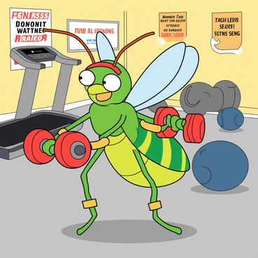 A cartoonish mosquito with big, exaggerated eyes is lifting small, colorful dumbbells in a playful gym setting. The mosquito has vibrant green and yellow stripes on its body, and its wings are slightly transparent with a hint of blue. It wears a tiny red headband and matching wristbands. The gym is filled with oversized equipment, like a huge treadmill and giant exercise balls. In the background, there are playful posters of fitness slogans. The mosquito has a determined expression, showing its enthusiasm for building strength.