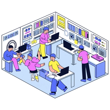 A bustling computer repair shop filled with various workstations. Technicians are focused on repairing laptops and desktops, surrounded by an array of tools. Some technicians are working on devices, while others are organizing colorful cables in neat bundles. The shop has shelves lined with computer parts and accessories. The walls are decorated with posters related to technology and repairs.