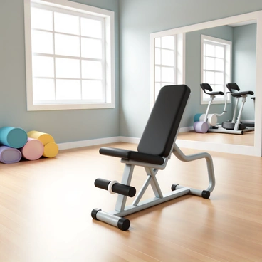 A leg curl machine with a black padded seat and adjustable leg support pads. The machine is made of steel with a sleek, modern design, featuring shiny chrome accents. It is positioned in the center of an empty gym with wooden flooring and large windows allowing natural light to flood the space. The walls are painted a soft gray, and there is a mirror on one side reflecting the machine. A few colorful exercise mats are neatly stored in the corner, and gym equipment is visible in the background, including dumbbells and a treadmill, all arranged neatly.