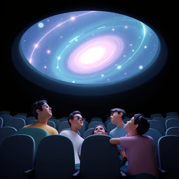 A group of visitors, consisting of three adults and two children, is seated in a darkened planetarium theater. The adults are dressed in casual clothing, while the children are wearing colorful t-shirts. They are all gazing upward in awe at an enormous dome screen above them. The screen displays "swirling galaxies" in vibrant hues of blue, purple, and pink, with spirals of stars and cosmic dust. Also depicted are "gravitational forces" illustrated by glowing lines and curves that represent the pull between celestial bodies. The expressions on the visitors' faces show fascination and wonder as they experience the immersive show.