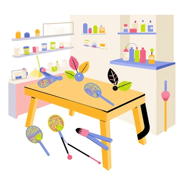 A small workshop filled with various tools and equipment for repairing and customizing badminton birdies. The workshop has a wooden workbench cluttered with colorful feathers, paint, and glue. A few badminton birdies are laid out, showcasing unique designs with vibrant patterns and colors. A set of scissors and a paintbrush are resting next to the birdies, signaling the customization process. Shelves in the background are lined with jars of paint and spools of thread, adding to the creative atmosphere of the workshop.