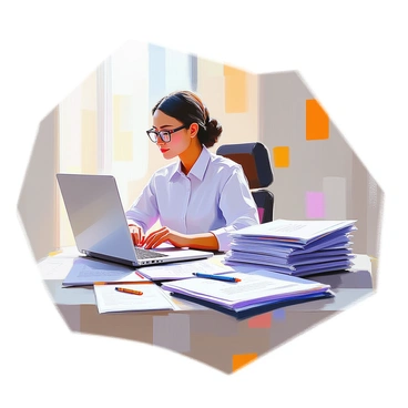 A professional visa officer with medium skin tone is seated at a modern desk cluttered with a stack of visa applications. The officer is wearing a formal shirt and glasses, deeply focused as they review the documents in front of them. A laptop is open on the desk, displaying various tabs related to visa processing. A pen is in hand, and there is a notepad beside the stack of applications with handwritten notes. Soft natural light filters through a nearby window, illuminating the workspace.
