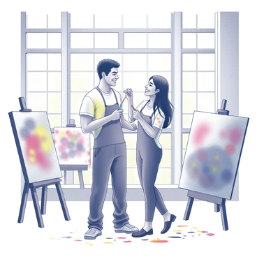 A couple is engaged in a playful painting session within a studio environment. They are standing side by side, each holding a paintbrush and smiling at one another. Their clothes are splattered with various colors from the paint, and their skin also has traces of vibrant paint marks. The studio has large windows that allow natural light to flood in, illuminating the scene. Canvases are placed around them, some upright and others leaning against walls, showcasing abstract patterns. The floor is also scattered with paint splotches, adding to the lively atmosphere of creativity and joy.