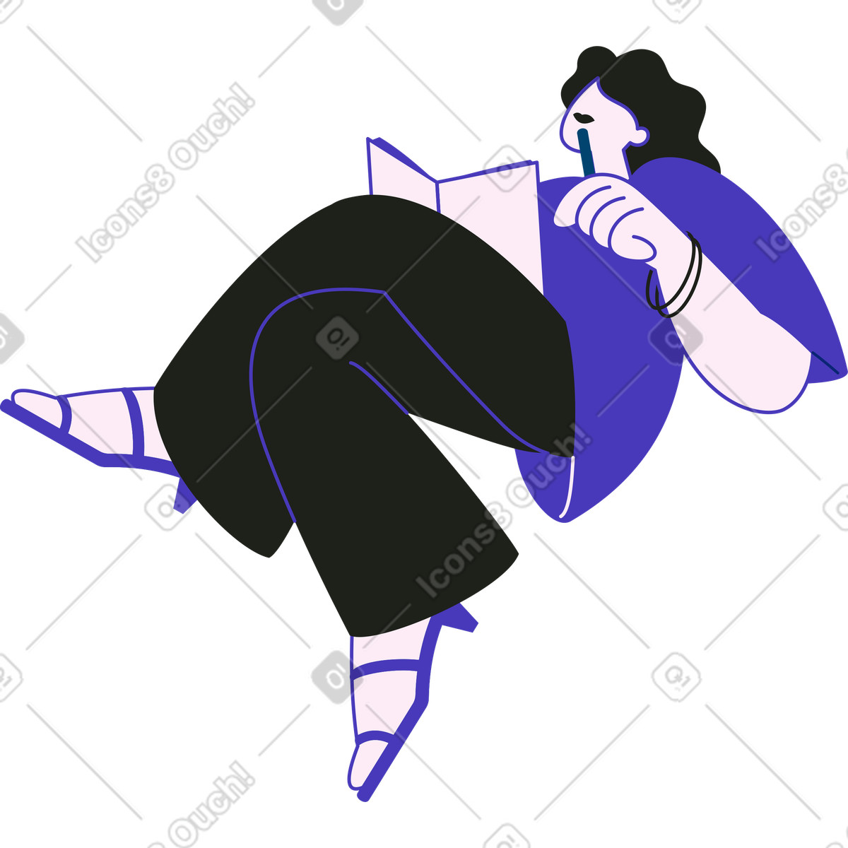 Frau sitzt mit notizbuch auf dem schoß und bleistift in der hand-Illustration im Blueberry-Stil als Download PNG, SVG