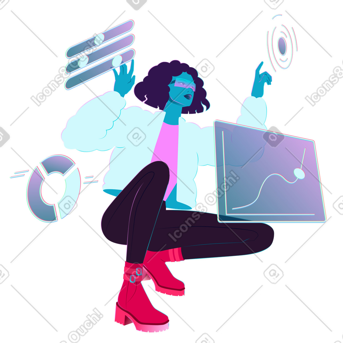 Analyst working with augmented reality statistics, Data analysis and visualization animated illustration in Neon style download in GIF, Lottie (JSON), AE