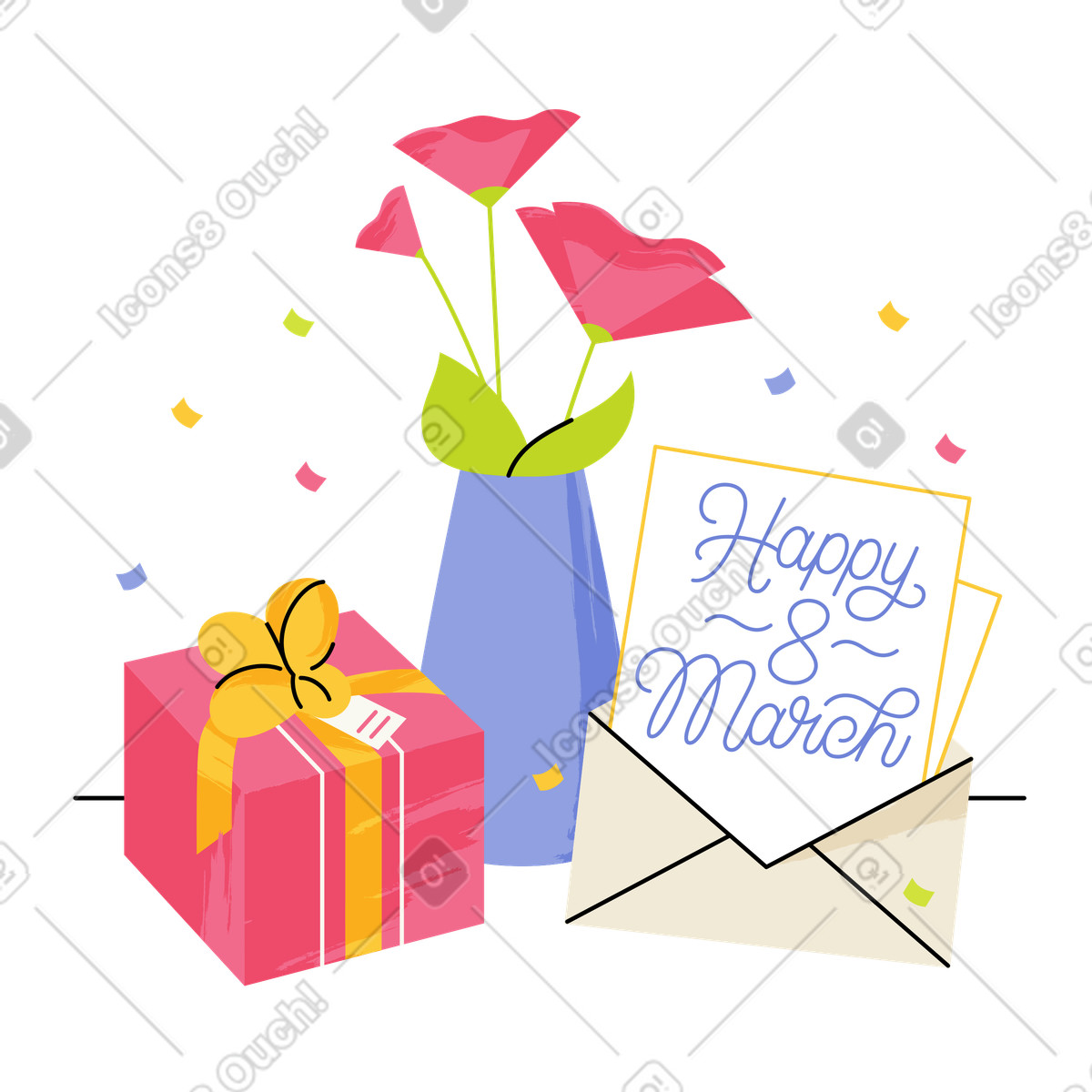 Иллюстрация Letter and present with spring flowers, 8 March greeting card в стиле Juicy — скачать в форматах PNG, SVG