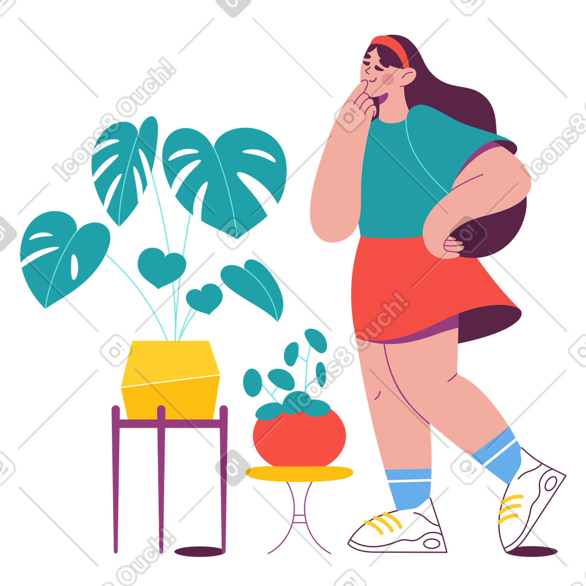 下载 Sammy 风格的 Observing indoor plants, Home gardening and plant care 插画，支持 PNG、SVG 格式