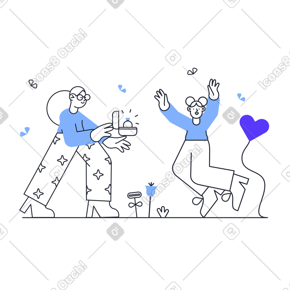 Woman proposing to her happy girlfriend illustration in Pablita style download in PNG, SVG
