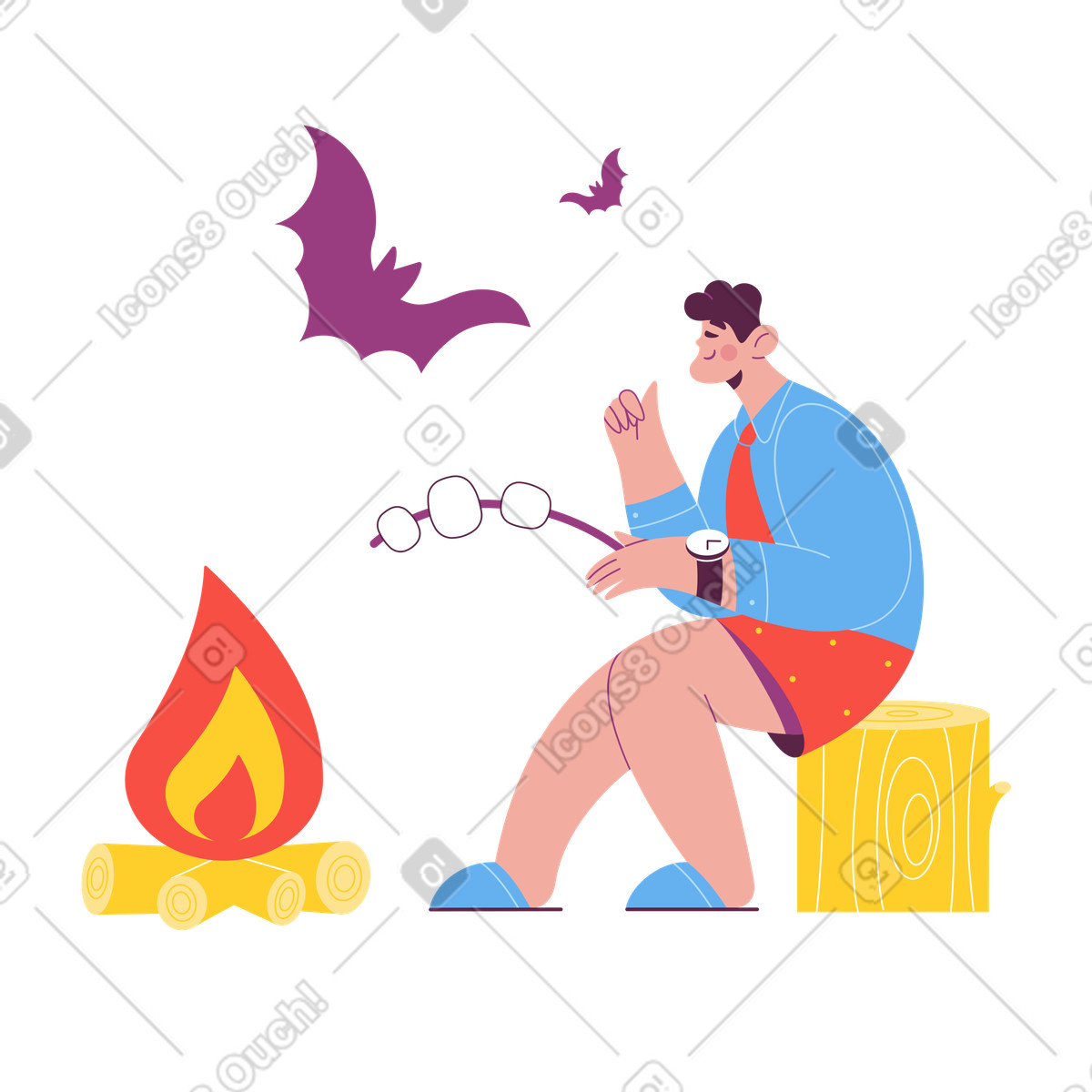 Camper roasting marshmallows by campfire at night, Outdoor camping activity illustration in Sammy style download in PNG, SVG