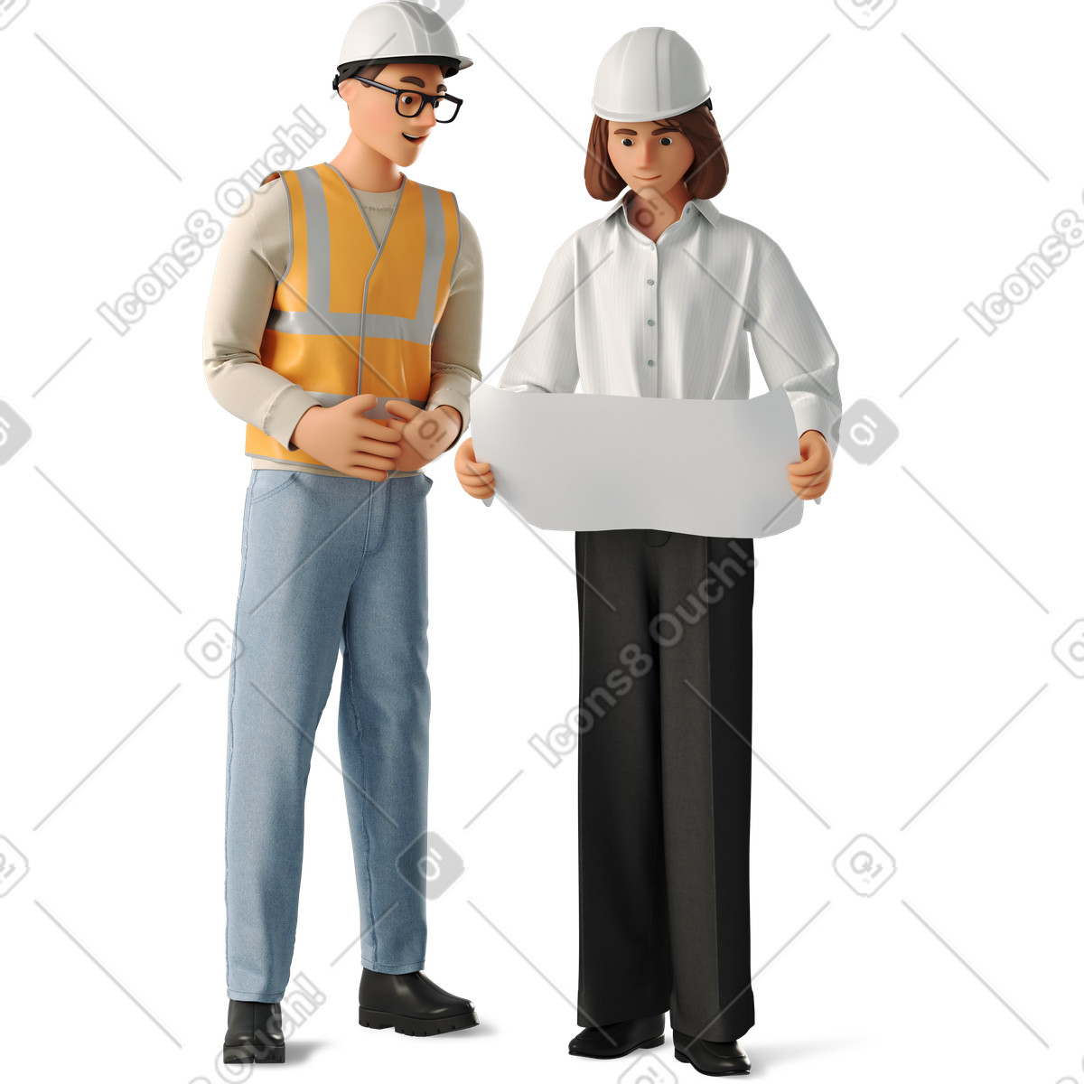 Young man and woman looking at plan illustrazione in stile 3D Business scarica in PNG, SVG