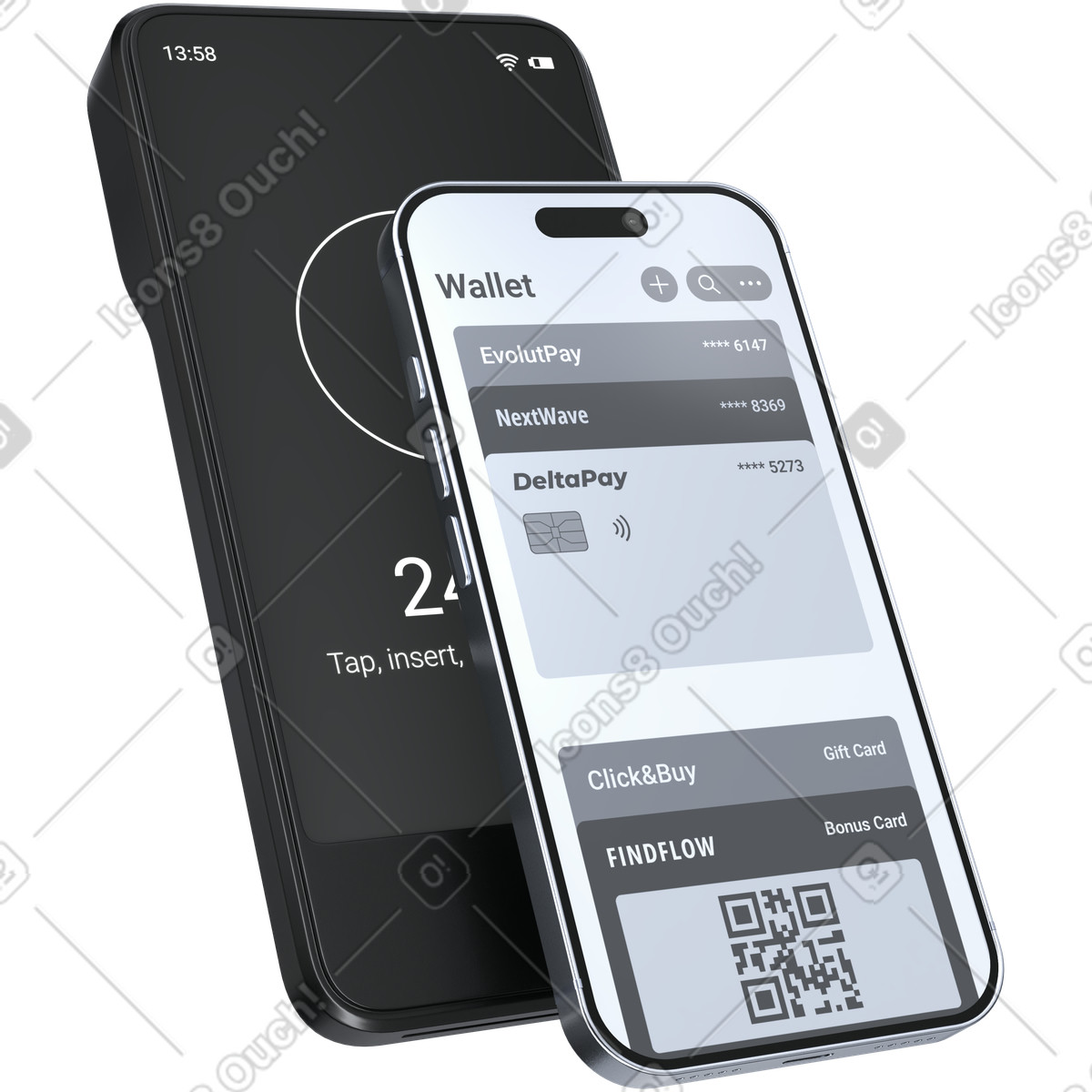 Retail tap to pay using smartphone wallet and NFC reader illustrazione in stile 3D Pro scarica in PNG, SVG