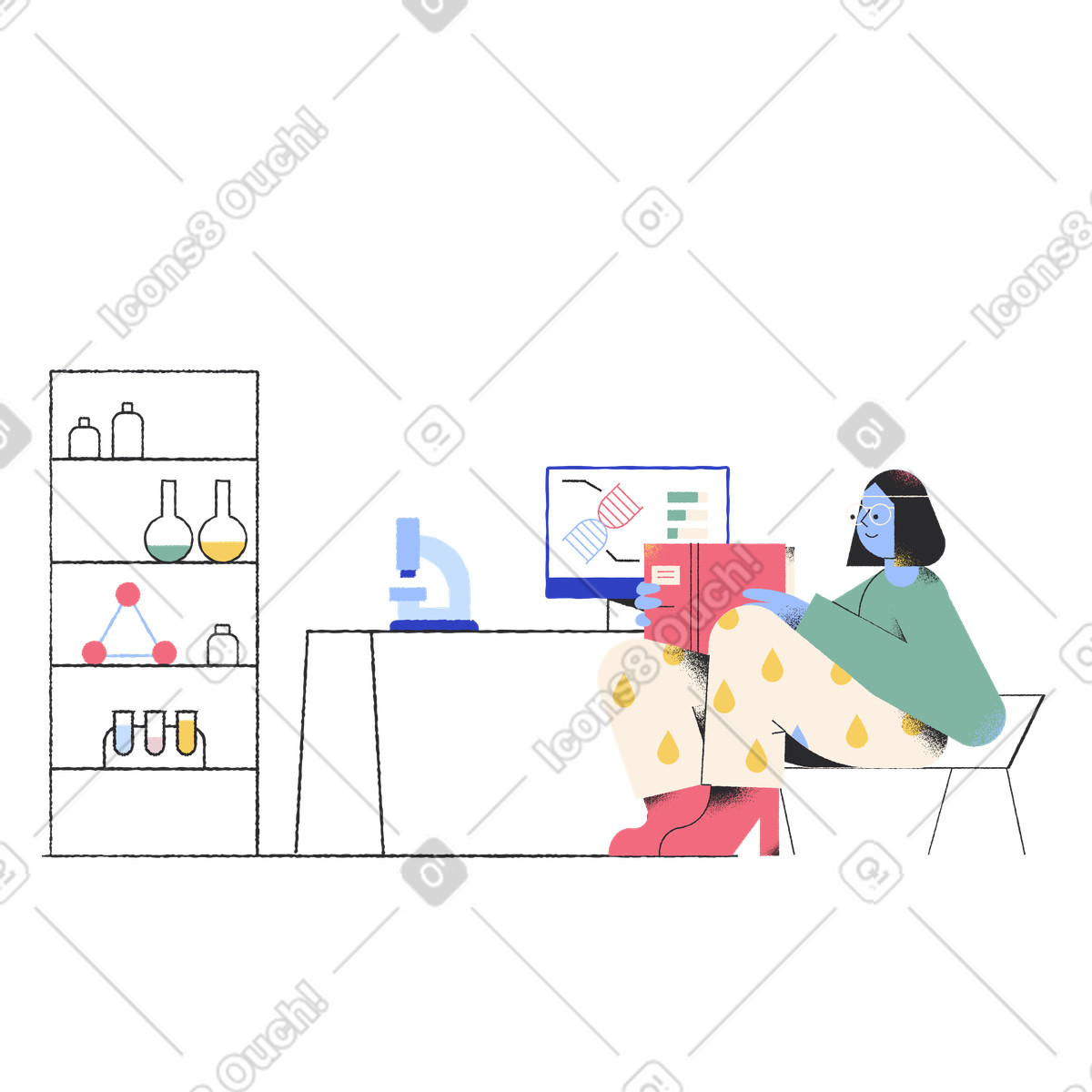 Illustration Biologiste féminine lisant un livre pour la recherche dans le style Pablo à télécharger aux formats PNG, SVG