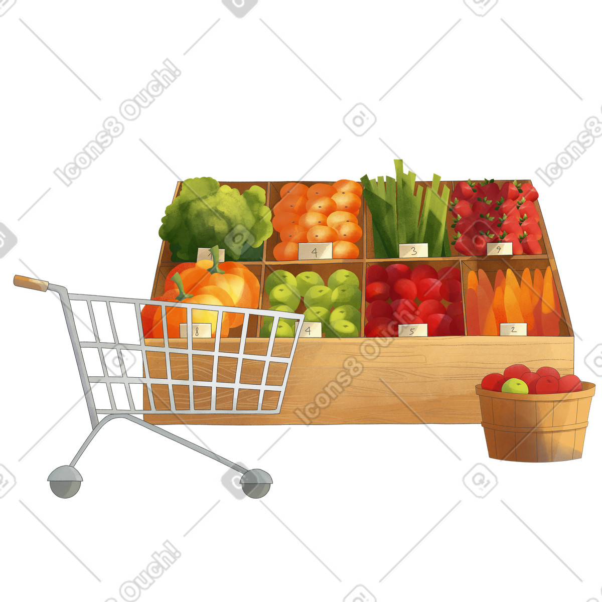Carrello della spesa nel reparto frutta e verdura. illustrazione in stile Seasons scarica in PNG, SVG