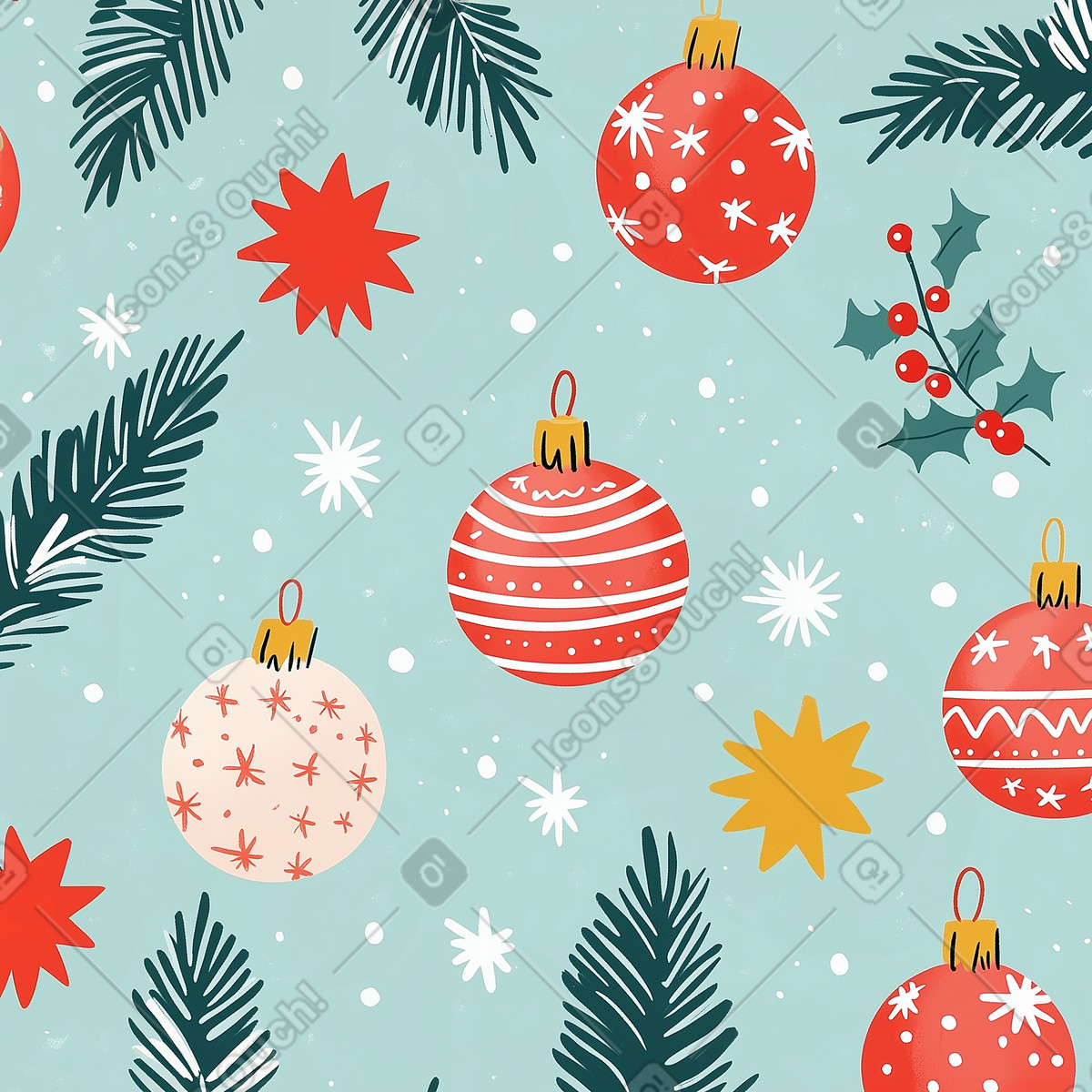 Pattern with Christmas ornaments and tree brunches illustration in Postcards style download in PNG, SVG