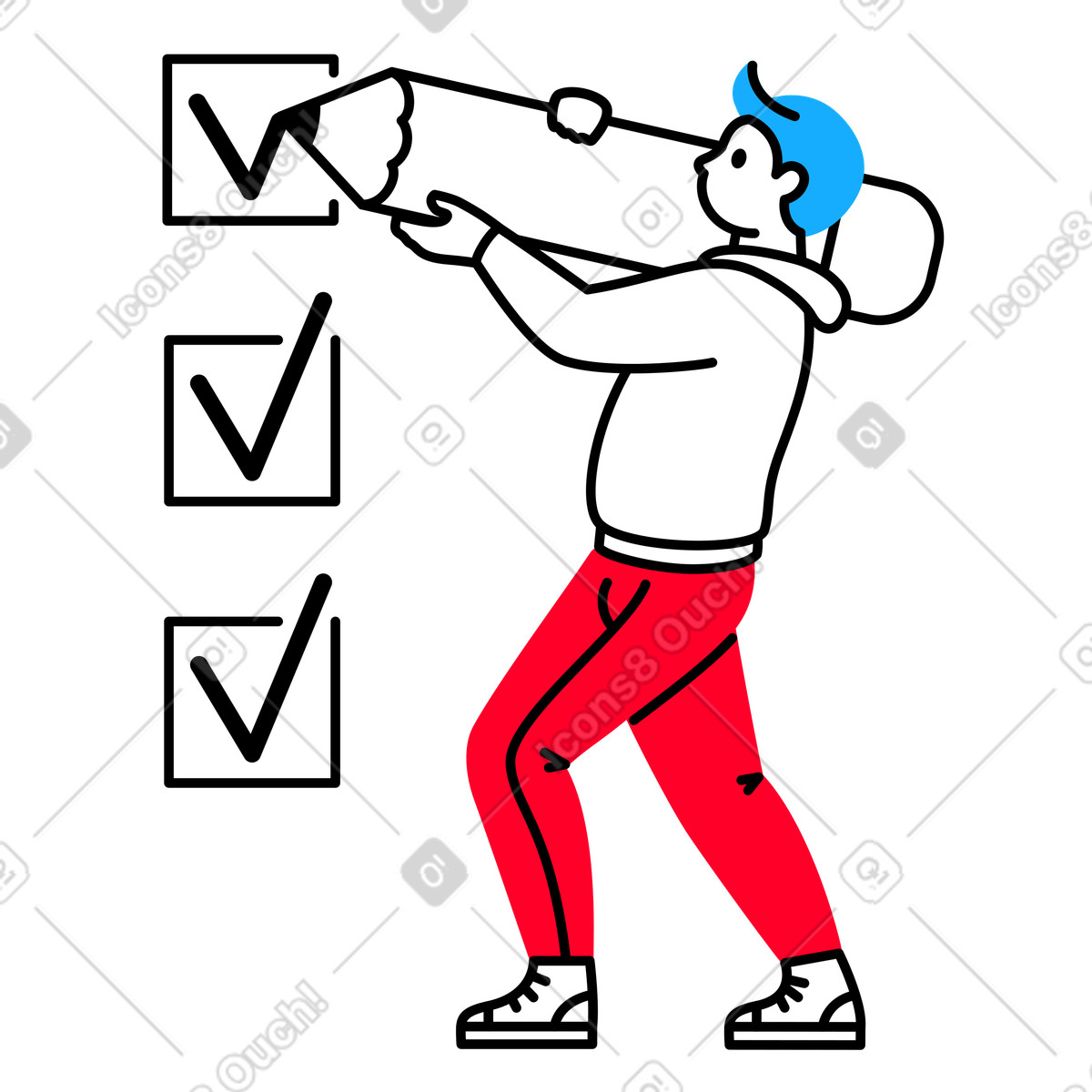 Illustration L'homme avec un énorme crayon coche les cases dans le style Transistor à télécharger aux formats PNG, SVG
