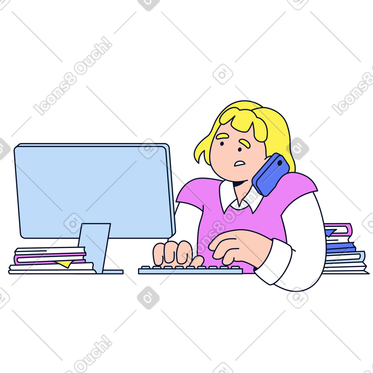 下载 Flexy 风格的 Employee handling calls and paperwork, Multitasking in modern office 插画，支持 PNG、SVG 格式