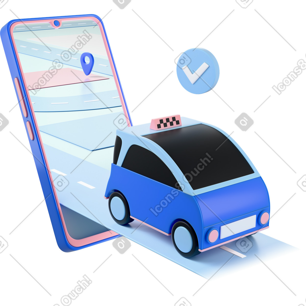 Illustration animée Taxi et smartphone avec code pin, service de numérique réservation courses, commande application mobile dans le style 3D Editorial à télécharger aux formats GIF, Lottie (JSON), AE